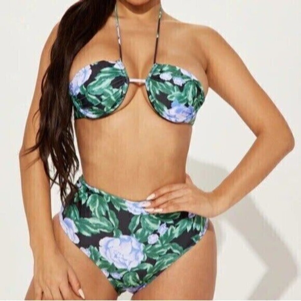 Tropical Floral Halter Neck Bandeau 2 Piece Bikini Size S RefN07